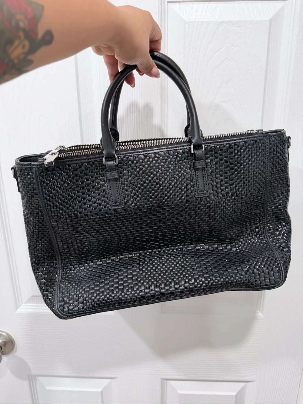 Tory Burch Robinson Black Woven Leather Top-Handle Satchel